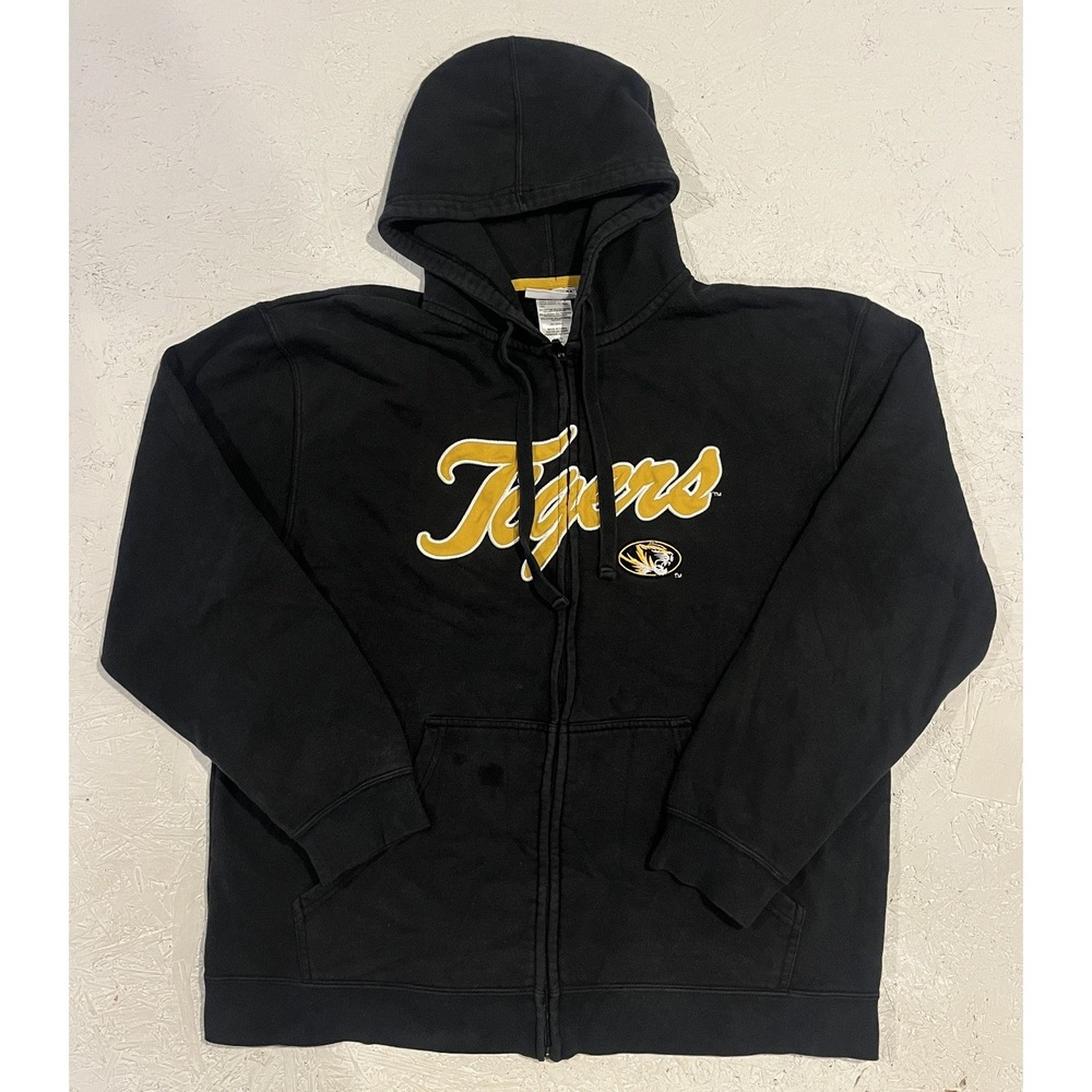 Missouri Mizzou Tigers Zip Up Hooded Jacket Mens Size L Script Spell Out Black